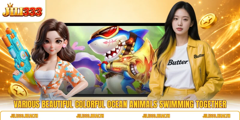 Various beautiful colorful ocean animals swimming together